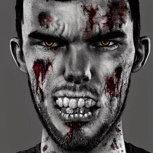 Image similar to angry urban zombie portrait of nicholas hoult, grimdark horror, stylized digital illustration, radiating a glowing aura, global illumination, ray tracing, hdr, fanart arstation by ian pesty and katarzyna bek - chmiel