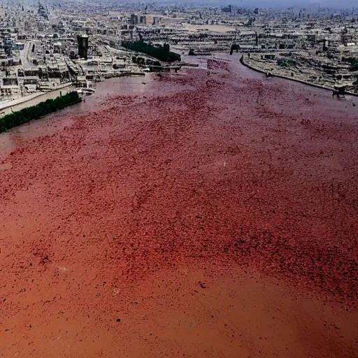 Prompt: bird's eye view of a river of blood flowing near the pyramids of giza