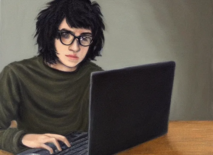 Prompt: painting of a shaggy black haired teenager!!! with glasses, an olive colored sweater and a black jean, with a laptop on his lap, full body, renaissance!!! painting!!!, ultra detailed, masterpiece, framed