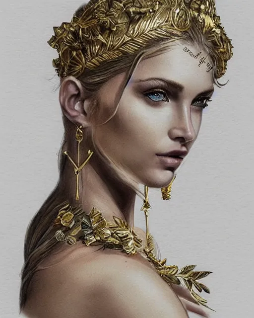 Prompt: tattoo sketch of beautiful super model aphrodite greek goddess wearing a gold laurel wreath and triangle earrings,, beautiful piercing gaze with sharp pupils, beautiful blonde hair, in the style of greg rutkowski, fantasy, amazing detail, epic, elegant, smooth, sharp focus, front view