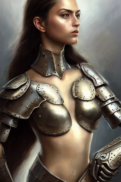 Image similar to a photorealistically painted portrait of an attractive young female, partially clothed in metal-plated battle armor, abstract background, flawless olive skin, fair complexion, long dark hair, beautiful bone structure, perfectly symmetric facial features, perfect photorealistic eyes, natural physique, intricate, elegant, digital painting, concept art, finely detailed, beautifully illustrated, sharp focus, minimal artifacts, volumetric lighting, from Metal Gear, by Ruan Jia and Mandy Jurgens and Artgerm and William-Adolphe Bouguerea, in the style of Greg Rutkowski, trending on Artstation, award winning art