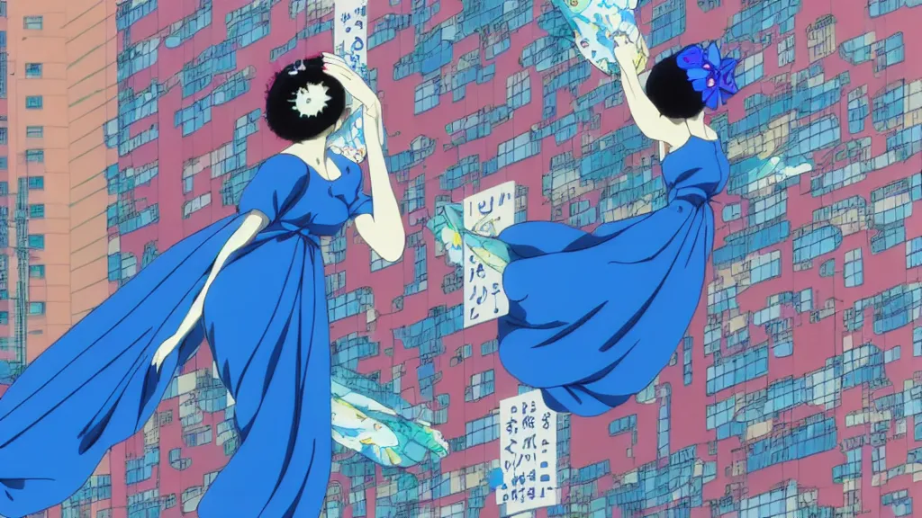 Image similar to a woman wearing a blue dress and wearing a blue bird mask falling from a building in Tokyo, anime film still from the an anime directed by Katsuhiro Otomo with art direction by Salvador Dalí, wide lens