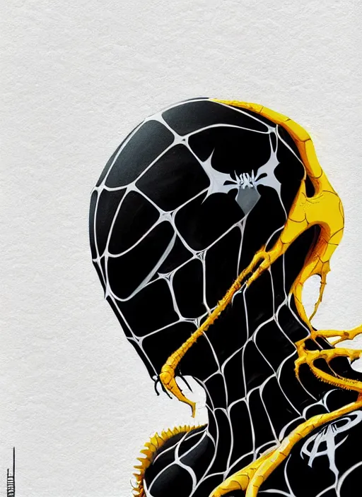 Prompt: highly detailed closeup portrait of a cyborg venom symbiote in spiderman suit with skeleton skull head, black hoodie by atey ghailan, by greg rutkowski, by greg tocchini, by james gilleard, by joe fenton, by kaethe butcher, gradient, yellow, black, brown and white color scheme, grunge aesthetic!!! white graffiti tag wall background