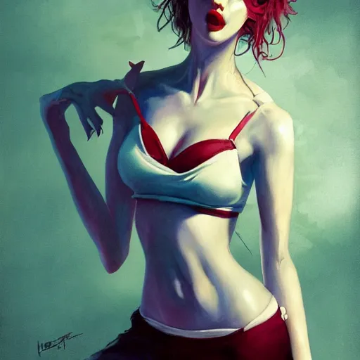 Prompt: young crawford teenage girl woman, in a white bra, pinup, scared, in a style of 8 0's horror style, wlop, artgerm, jason chan, charlie bowater, sergey kolesov, watercolor on paper, hyper detail portrait, closeup on face, exquisite detail,