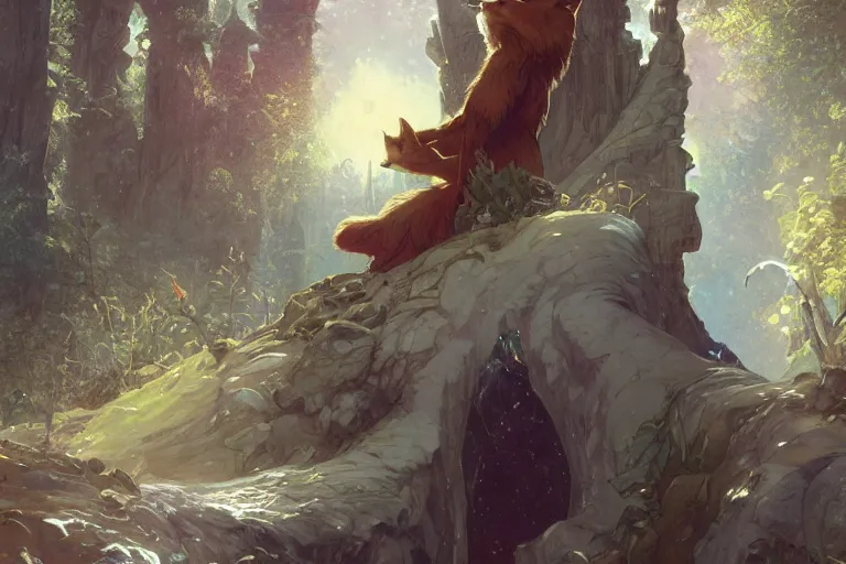 Prompt: an anthropomorphic fox wizard wearing long flowing robes in front of a magical gateway to another universe, illustration by greg rutkowski, thomas kindkade, alphonse mucha, loish, norman rockwell, artstation, furaffinity