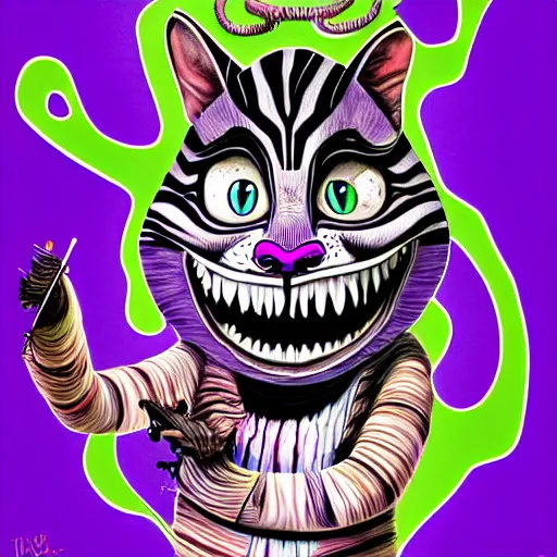 Prompt: graphic illustration, creative design, alice in wonderland as cheshire cat, biopunk, francis bacon, highly detailed, hunter s thompson, concept art