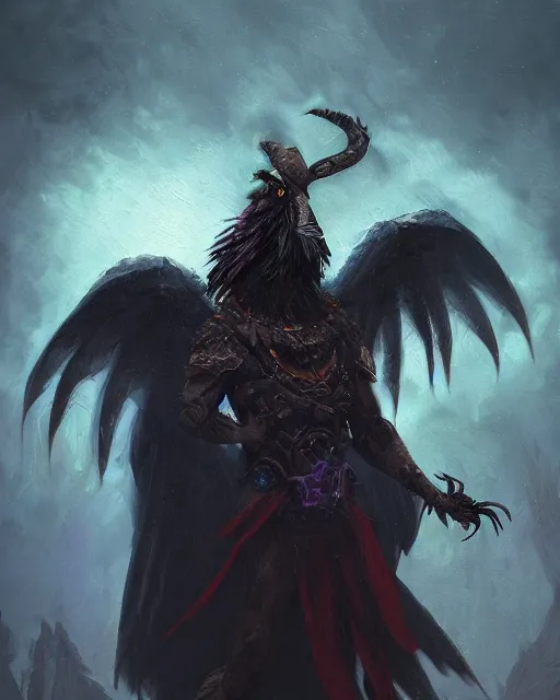 Image similar to oil painting of a Anthropomorphized raven shaman fusing with dragon, sharp focus, heroic pose, fantasy style, octane render, volumetric lighting, 8k high definition, by greg rutkowski, highly detailed, trending on art Station, magic the gathering artwork, Woodland background, centered