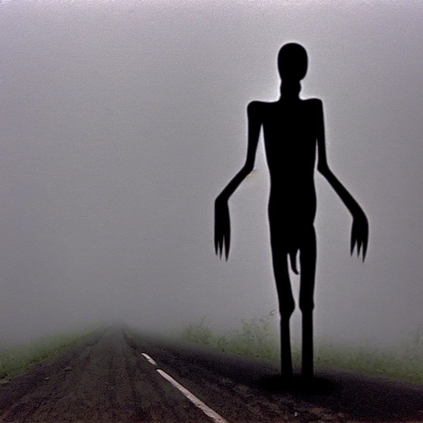 Prompt: 2 0 0 1 camcorder footage of a skinless figure standing silently on the side of a misty road, photorealistic, grainy, camcorder, horror, creepy, unsettling, liminal, strangely terrifying