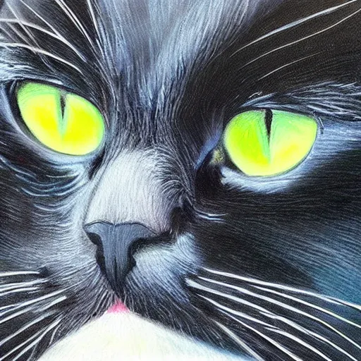 Prompt: spectacular oil painting of a black cat with green eyes