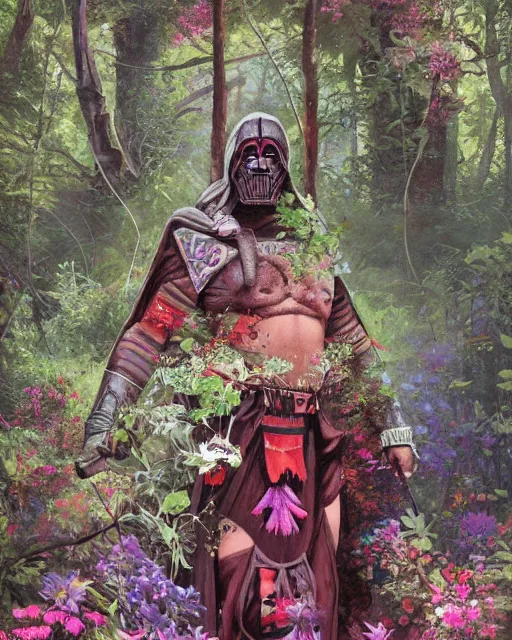 Image similar to Aztec sith lord surrounded by flowers, forest, Marc Simonetti