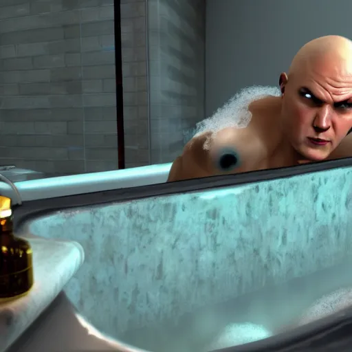 Prompt: Agent 47 taking a bubble bath