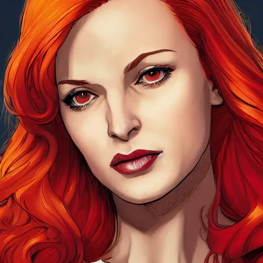 Prompt: Portrait of Jean Grey, a beautiful woman in her 30s, with red hair and green eyes, symmetrical face, detailed features, artstation, graphic novel, art by Ardian Syaf and Chris Bachalo and Olivier Coipel and Pepe Larraz,