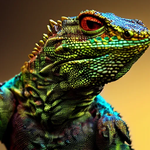 Image similar to a highly detailed portrait of a lizard man with bright scaly skin, 8 k, 4 k, highly detailed, sharp,