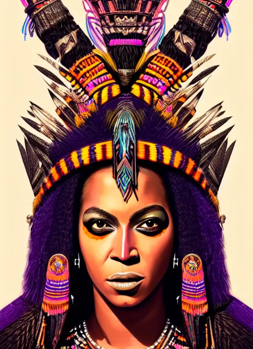 Image similar to portrait of beyonce, hyper detailed ultra sharp aztec shaman warrior. trending on artstation, warpaint aesthetic, bloodwave, colorful, psychedelic, ornate, intricate, digital painting, concept art, smooth, sharp focus, illustration, art by artgerm and greg rutkowski and h. r. giger, 8 k