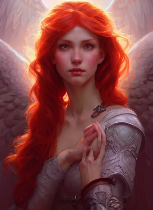 Prompt: a beautiful red haired woman a an angel, deep focus, d & d, fantasy, intricate, elegant, highly detailed, digital painting, artstation, concept art, matte, sharp focus, illustration, hearthstone, art by artgerm and greg rutkowski and alphonse mucha