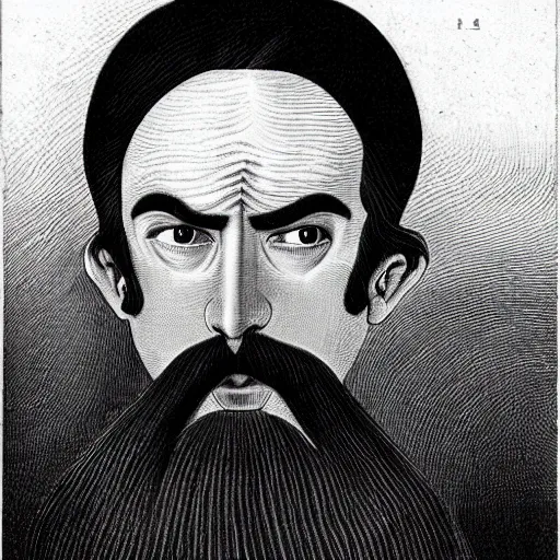 Image similar to young man, long hair!!!!, short facial hair, no mustache, dark green eyes, dark eyebrows, light widows peak light facial hair, in the style of mauritz cornelis escher, in - frame