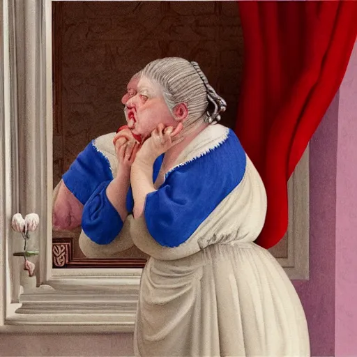 Image similar to a very funny stylize oil painting in renaissance style of a sweet fat old woman kissing her reflection. symmetry face, red mouth, blue eyes. flowery dress. hyper realistic scene. 3 d, octane render, deep focus, white scene. very funny and sweet image. unreal engine. watercolor. fellini style. pencil drawing style.