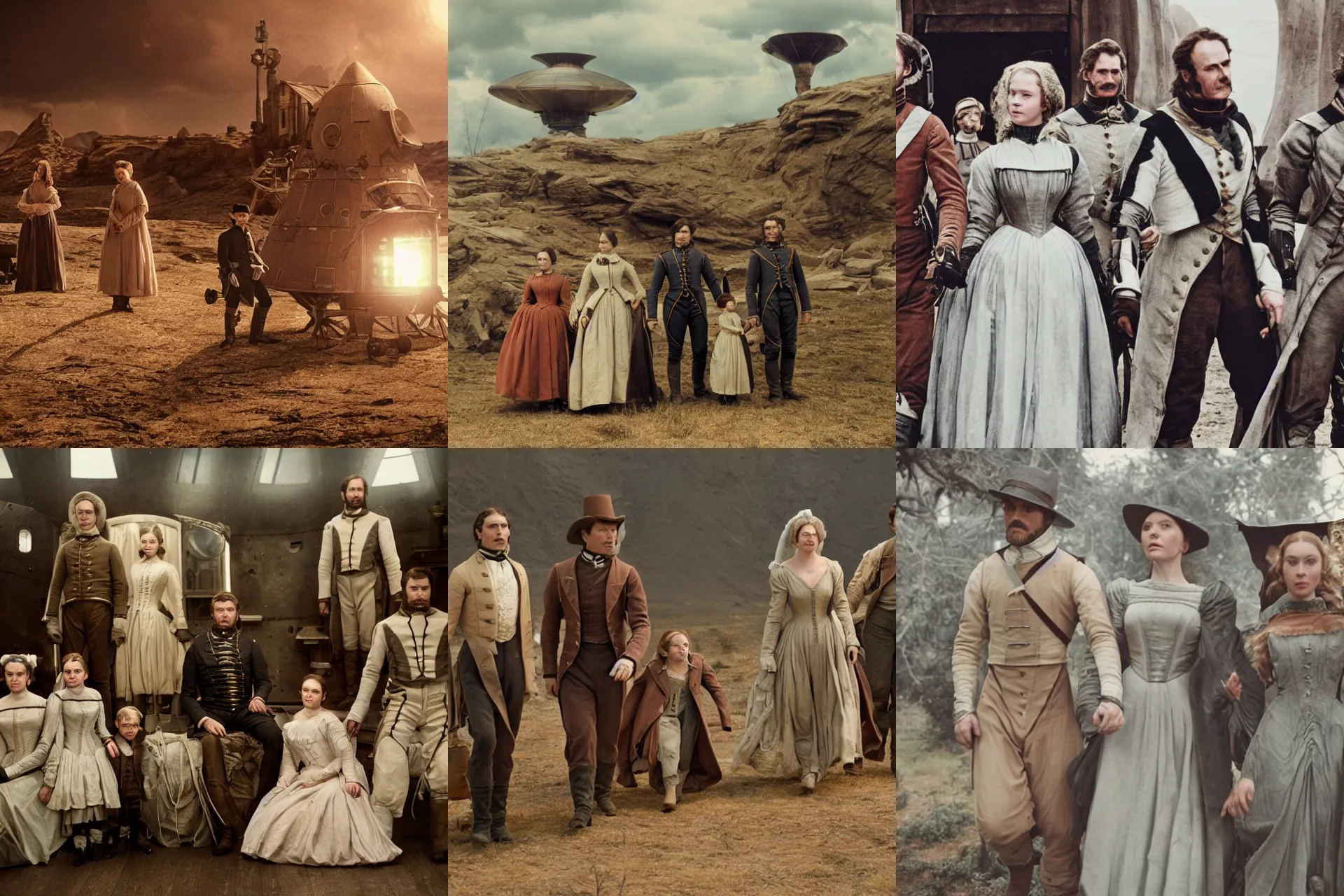 Prompt: 70mm still from a sci fi blockbuster movie, set in 1860, of a family leaving a spaceship, that has just landed on an alien planet, wearing 1850s era clothes, good lighting, 4k, HD, in focus, detailed