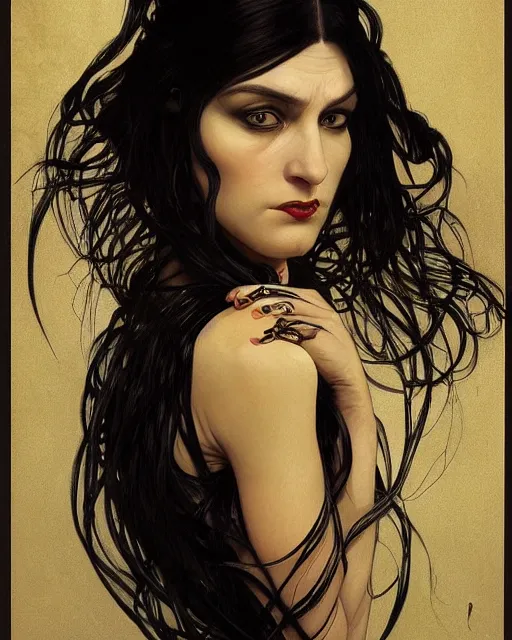 Image similar to portrait of evil a tall 4 0 - year - old woman with thin lips, heavy - lidded eyes, a strong jaw and long, thick shining black hair, thick eyebrows and long eyelashes, wearing in black clothes, hyper realistic face, beautiful eyes, fantasy art, in the style of greg rutkowski, intricate, alphonse mucha, hyper detailed, smooth