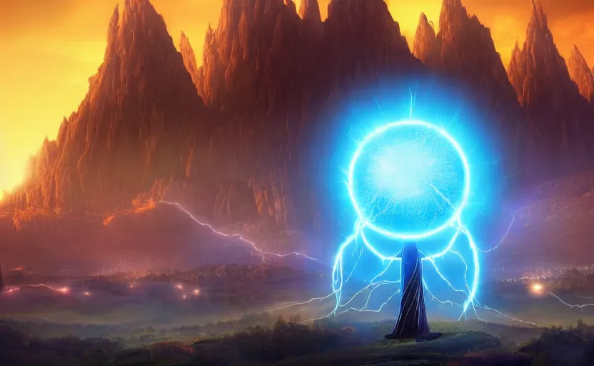 Prompt: cinematic still, epic wizard summoning massive electric energy orb on hillock high above the village with royal castles in the distant background, dramatic lighting, intricate details, vivid colors