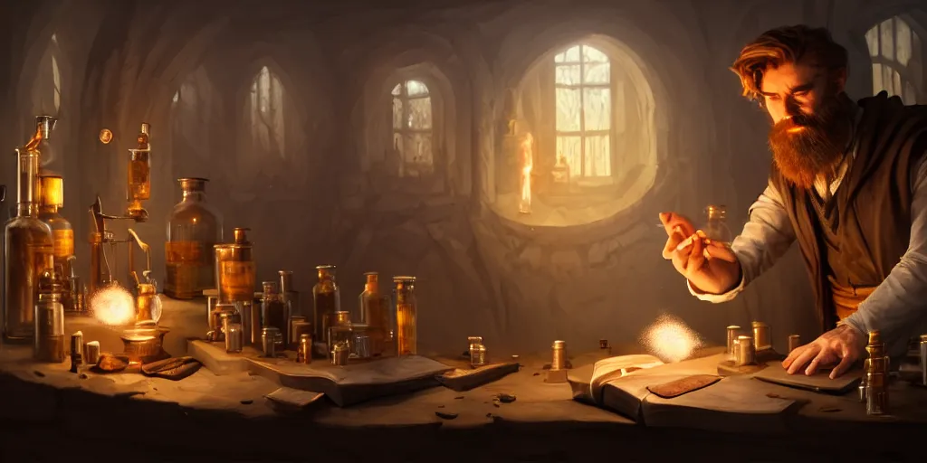 Image similar to a handsome bearded caucasian male sorcerer with brown hair, he is in a alchemist lab, casting a spell from a open book, beakers, potions, magic, neutral pose, digital art, concept art, epic composition, 4 k, super coherent, by dave melvin and greg rutkowski