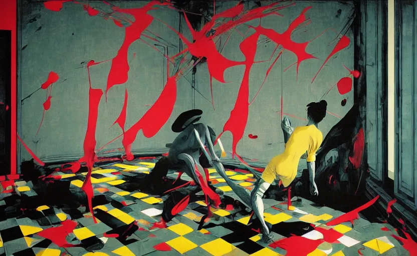 Image similar to decollage painting old man struggle in a room of old palace by adrian ghenie and takato yamamoto and edward hopper and mark ryden and tsutomu nihei, part by bridget riley, acrylic pour and splashing paint, very coherent, baroque elements, perfect anatomy, intricate design. pop art.