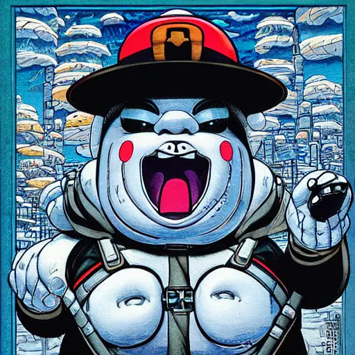 Prompt: portrait closeup of crazy stay puft marshmallow man, symmetrical, by yoichi hatakenaka, masamune shirow, josan gonzales and dan mumford, ayami kojima, takato yamamoto, barclay shaw, karol bak, yukito kishiro