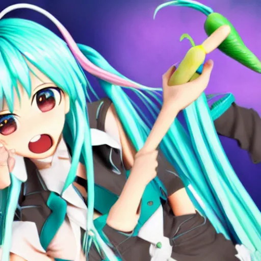 Prompt: hatsune miku with a leek in her hand