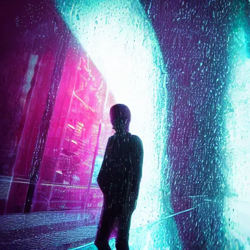 Image similar to human portrait formed out of rain, beautiful, neon, epic detail, galactic background, unreal engine