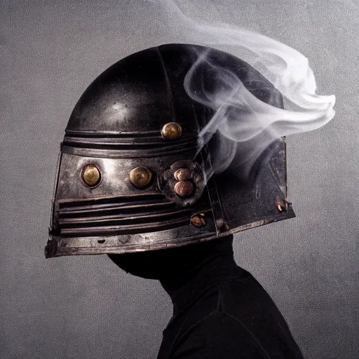 Image similar to old dark fantasy helmet. smoke billowing out from within. evil energy. studio photograph. plain background