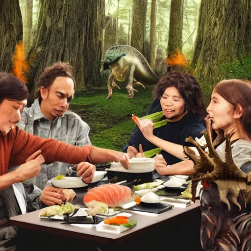 Image similar to neanderthal people eating sushi, surrounded by dinosaurs, gigantic forest trees