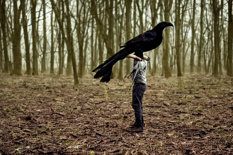 Image similar to !!!!!! human mixed with a crow, photograph captured in a dark forest