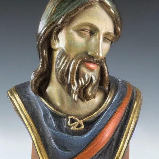 Prompt: holy roman chalkware Jesus bust antique painted sacred Catholic pearlescent coloring