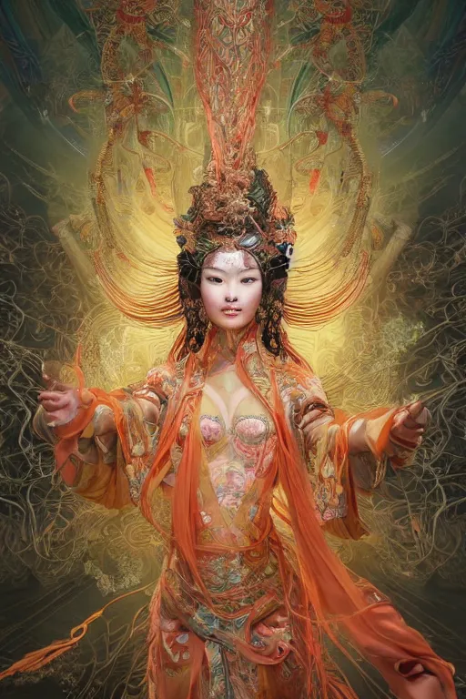 Prompt: an immaculate render of a dancing chinese goddess adorned with leaves and cables and bird wings, dancing in a temple surrounded by wild tentacles made from mandalas and incense smoke, full body, perfect face, powerful, cinematic, beautifully lit, by artgerm, by karol bak, by android jones, 3 d, trending on artstation, octane render, 8 k