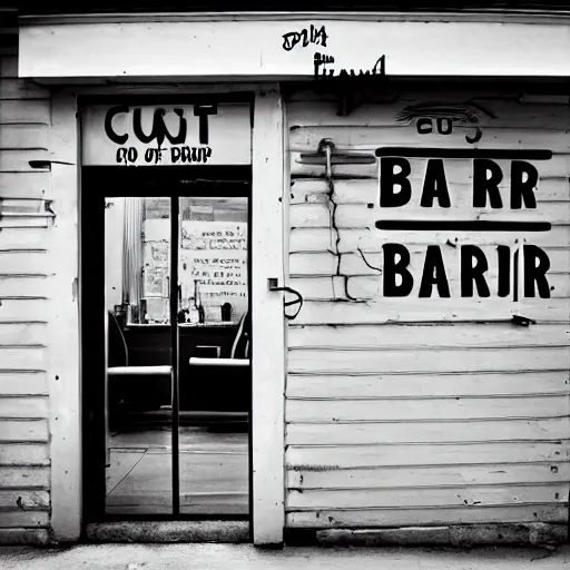 Prompt: A barber shop with the phrase cut for you written on the door