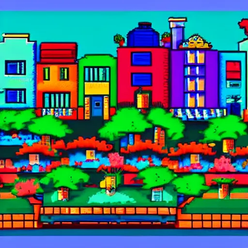 Prompt: beautiful colorful city pixelart