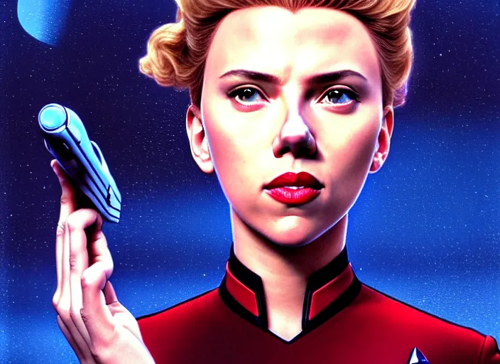 Image similar to a disney film still of scarlett johansson as a star trek officer, finely detailed features, closeup of the face, perfect art, dusk, blue hour, gapmoe yandere grimdark, trending on pixiv fanbox, painted by greg rutkowski, makoto shinkai, takashi takeuchi, alphonse mucha, akihiko yoshida