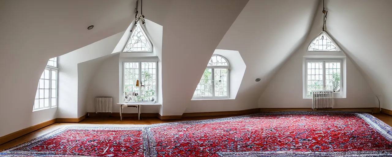 Image similar to low ceiling attic, white painted ceiling, with 2 rectangular windows opposing each other, with a large square window in the back right corner of the room, with exquisite turkish and persian rugs, polished plywood floor, XF IQ4, 150MP, 50mm, F1.4, ISO 200, 1/160s, natural light