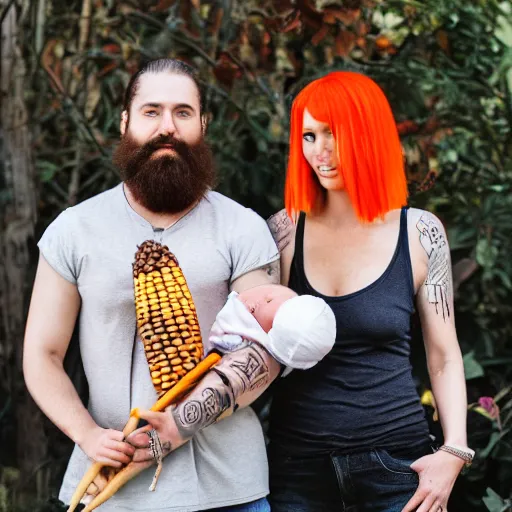Prompt: photo of a slender attractive couple. The woman has long straight red orange hair. The man has a dark thick neatly groomed beard and tattoos. She is holding a giant corn and a cute baby. He is cutting her hair.