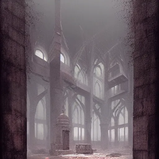 Prompt: abandoned Islamic temple in the woods, dark, moody, foggy by Marc Simonetti