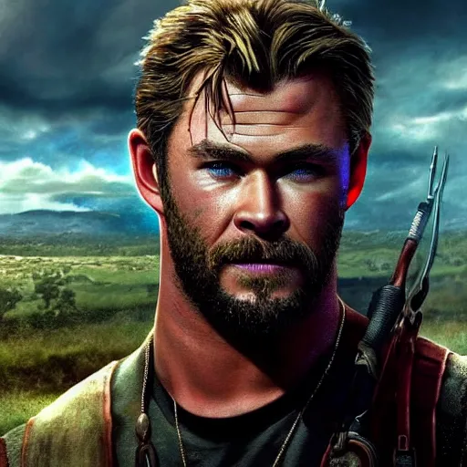 Prompt: chris hemsworth as a farcry main character, artstation hall of fame gallery, editors choice, #1 digital painting of all time, most beautiful image ever created, emotionally evocative, greatest art ever made, lifetime achievement magnum opus masterpiece, the most amazing breathtaking image with the deepest message ever painted, a thing of beauty beyond imagination or words, 4k, highly detailed, cinematic lighting