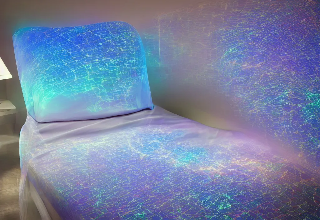 Image similar to curved translucent bedsheets projecting detailed holographic florida storm weathermap, pixel perfect photograph, high contrast, volumetric lighting, thin glowing lights, bedroom, visor, users, pair of keycards on table