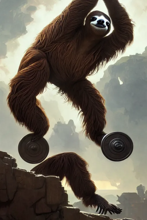 Image similar to anthro sloth lifting weights, dim dingy gym, dynamic pose, fantasy, intricate, elegant, highly detailed, digital painting, artstation, concept art, matte, sharp focus, illustration, art by artgerm and greg rutkowski and alphonse mucha