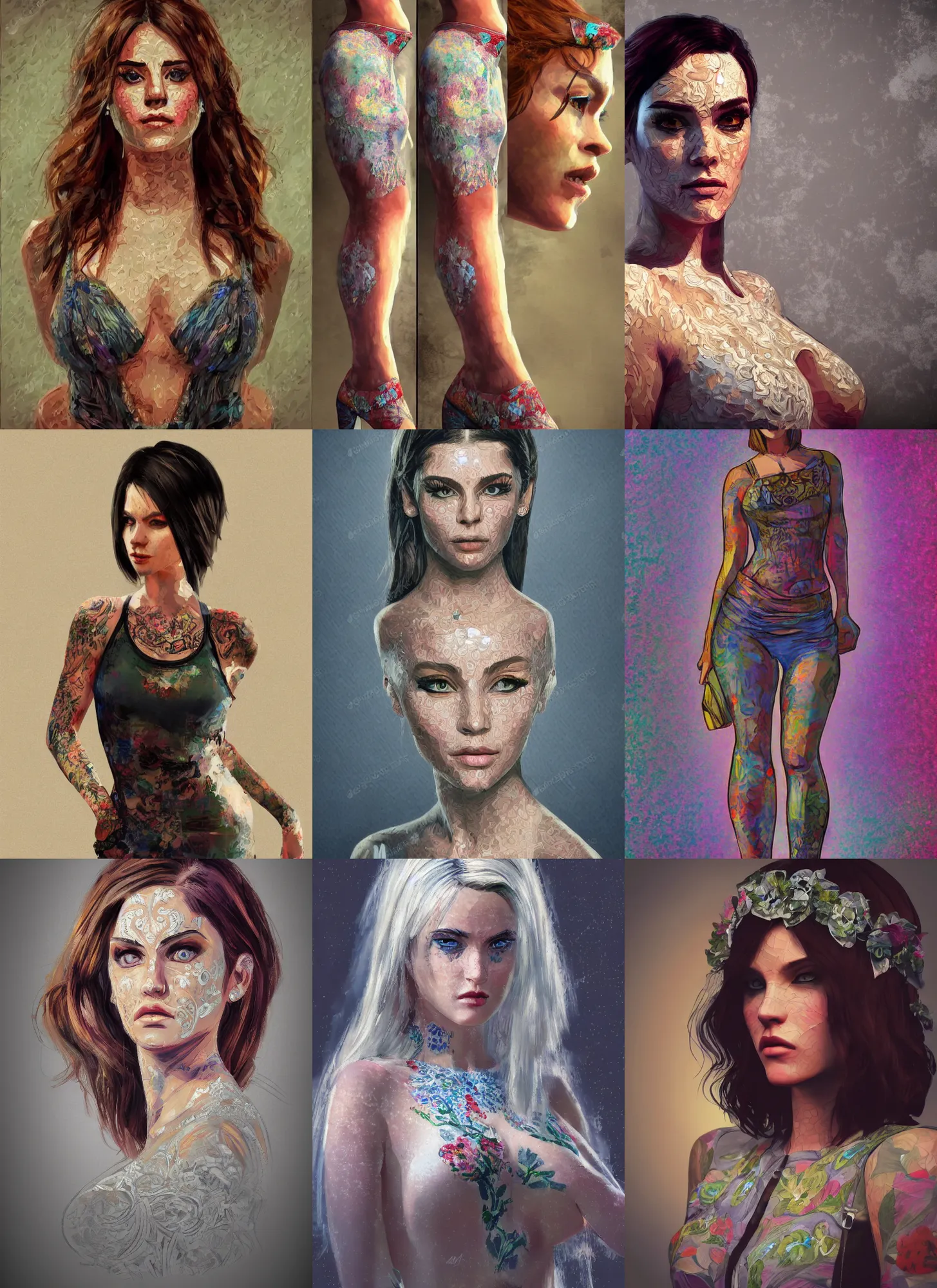 Prompt: detailed full body concept, impressionism painting of a gta 5 style female with beautiful face and eyes wearing intricate clothing, soft lighting and focus