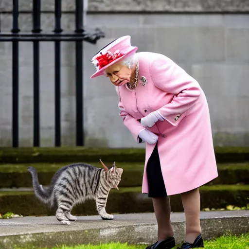 Image similar to queen elizabeth ii screaming at a kitten, canon eos r 3, f / 1. 4, iso 2 0 0, 1 / 1 6 0 s, 8 k, raw, unedited, symmetrical balance, wide angle