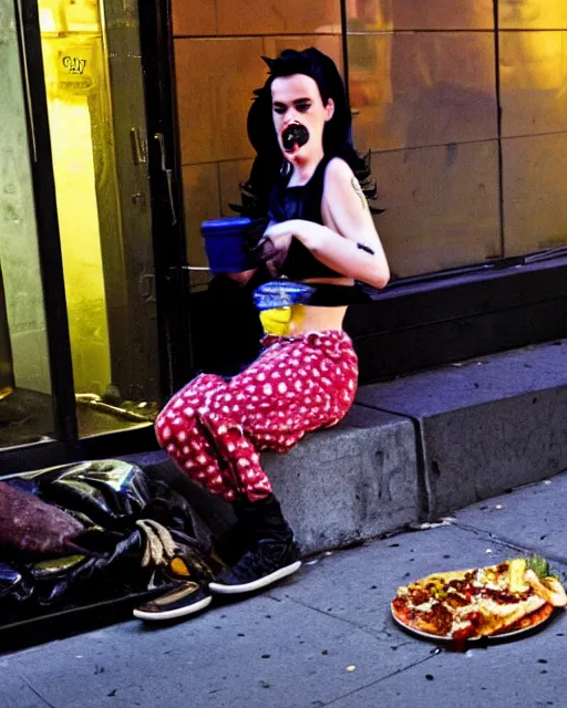 Prompt: Homeless Katy Perry eating her dinner on a dirty sidewalk in New York City, urban grunge, grand theft auto art