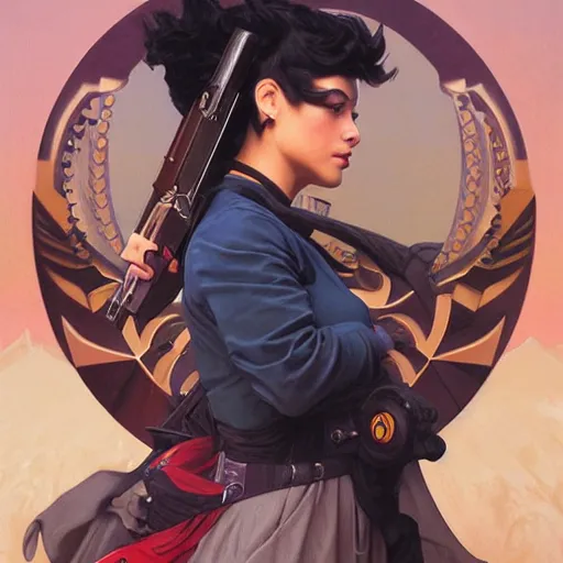 Image similar to a portrait painting of a gunslinger fantasy lady, highly detailed, art by tristan eaton and artgerm and william - adolphe bouguereau