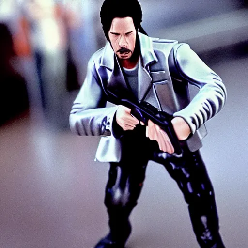 Image similar to beautiful hyperrealism three point perspective film still of Keanu Reeves as neo with machine gun in a motorcycle chase scene in Matrix(1990) extreme closeup portrait in style of 1990s frontiers in translucent porclein miniature street photography seinen manga fashion edition, miniature porcelain model, focus on face, eye contact, tilt shift style scene background, soft lighting, Kodak Portra 400, cinematic style, telephoto by Emmanuel Lubezki