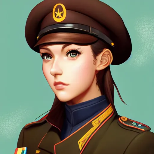 Prompt: portrait bust of young woman with long light brown hair and hazel eyes dressed in a sharp dark teal military uniform with beret, smiling, bokeh background, ilya kuvshinov, anime, ross tran, artgerm, concept art, artstation trending