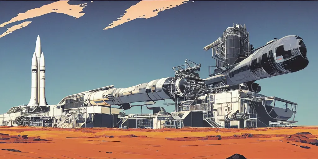 Image similar to retrofuturistic rocket launch base by Syd Mead,